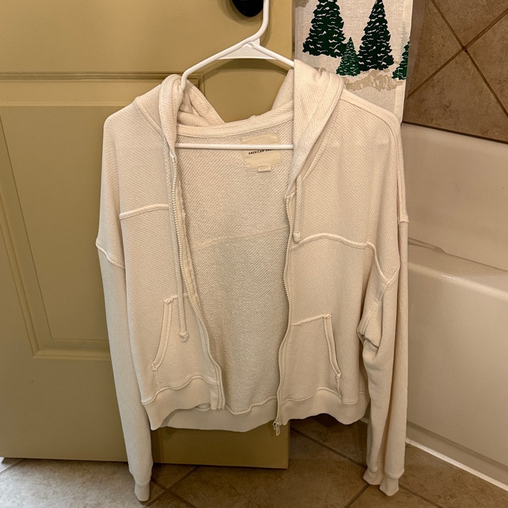 American Eagle Outfitters Cream Zip-Up Hoodie